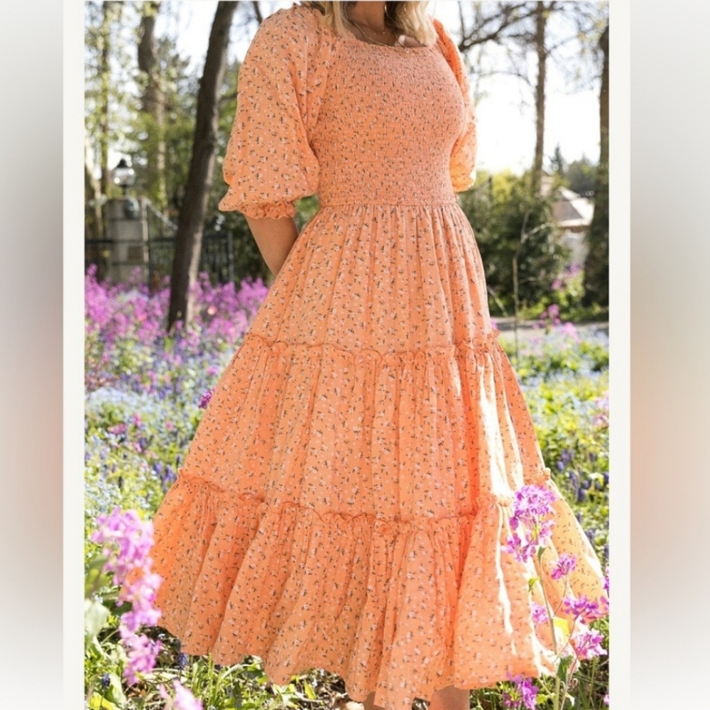 Ivy City Co Floral Midi Dress In Sorbet. Puff Sleeve. Smocked Bodice
